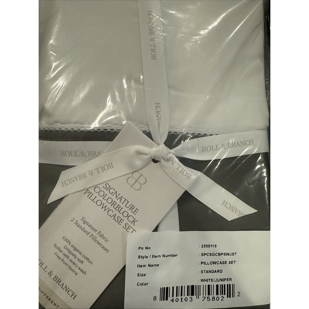 Boll & Branch Signature Colorblock Pillowcase Set White/Juniper Green Standard - Picture 4 of 5